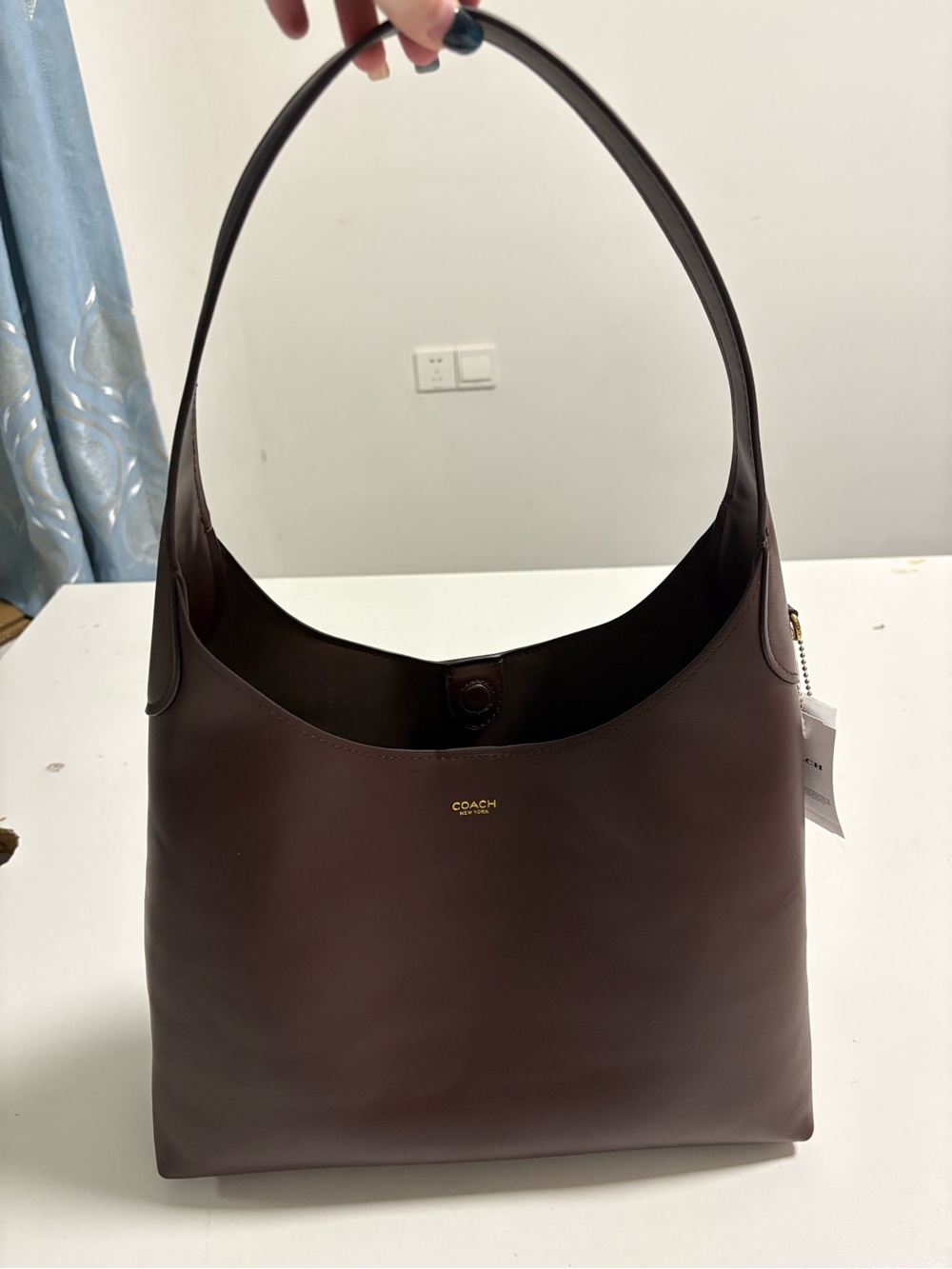 COACH Smooth Leather Shoulder Hobo in Deep Brown with Gold Logo